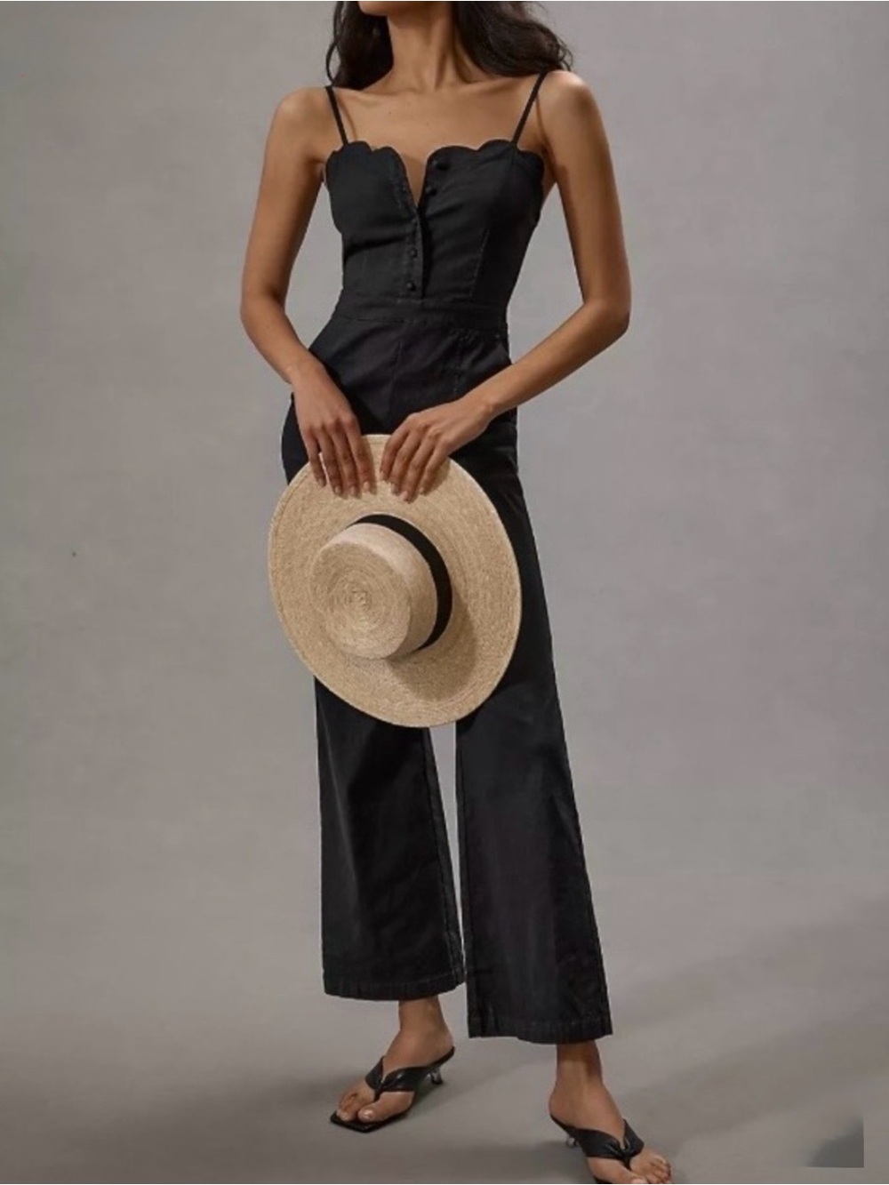 Maeve for Anthropologie Femme Scalloped Jumpsuit Wide-Leg Black Women’s size 8